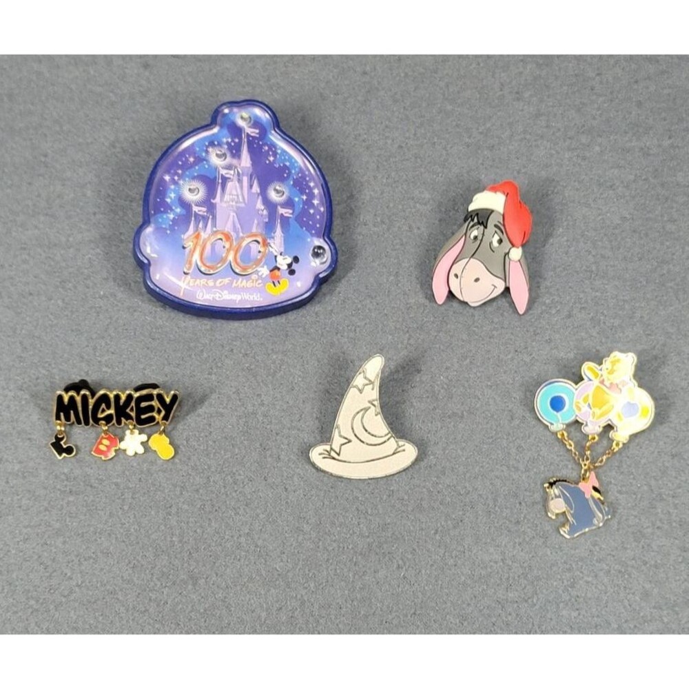 Five Disney Collector Pins incl: Silver Pewter Sorcerers Hat,  Mickey Charms Pin